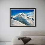 Large-format 'Powder Dream' oil painting displayed in a modern living space above a white, curved sectional sofa and textured rug, highlighting the scale and contemporary aesthetic.