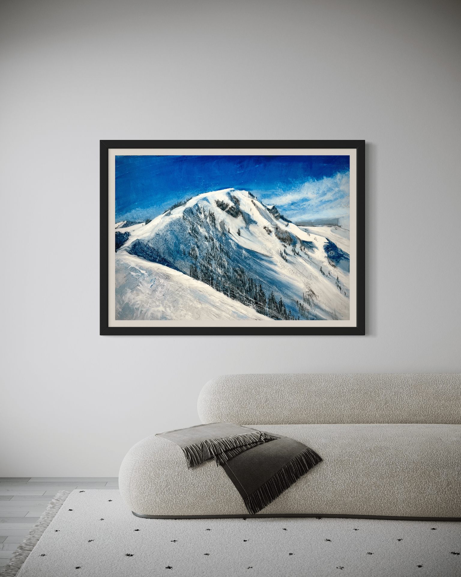 Large-format 'Powder Dream' oil painting displayed in a modern living space above a white, curved sectional sofa and textured rug, highlighting the scale and contemporary aesthetic.