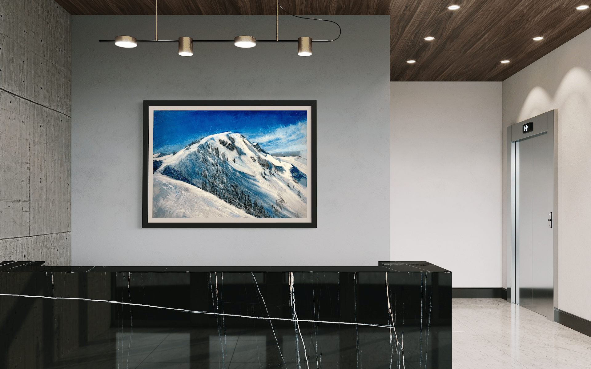 Contemporary mountain painting 'Powder Dream' hanging above a sleek, black marble reception desk in a modern corporate or residential lobby with concrete and wood paneling accents.
