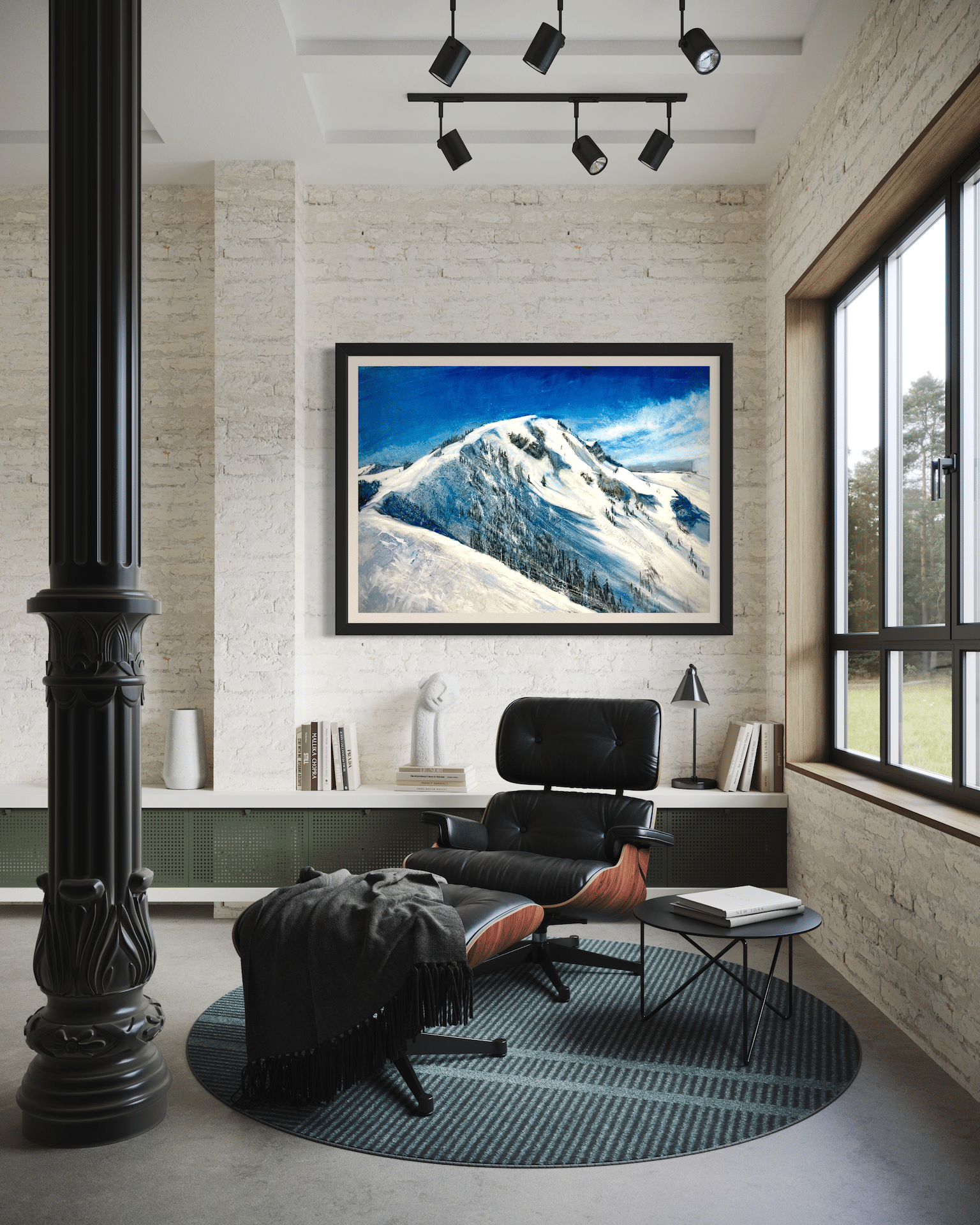 'Powder Dream' oil painting hanging in a contemporary, sunlit reading nook above a bookshelf, featuring a black leather Eames chair and ottoman, a black accent table, and an exposed white brick wall.