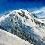 Original oil painting titled 'Powder Dream' by Cynthia McLoughlin. It is a vibrant, expressionistic, large-format contemporary mountainscape of a steep, snow-covered peak under a deep blue sky.