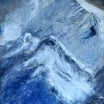 Center panel of triptych painting Celestial Drift depicting an ethereal mountain landscape with luminous sky and layered, atmospheric light.