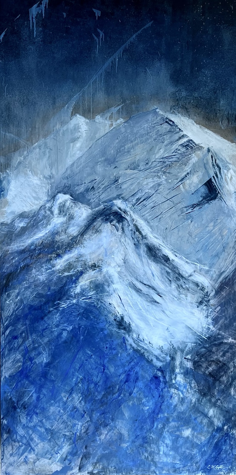 Center panel of triptych painting Celestial Drift depicting an ethereal mountain landscape with luminous sky and layered, atmospheric light.