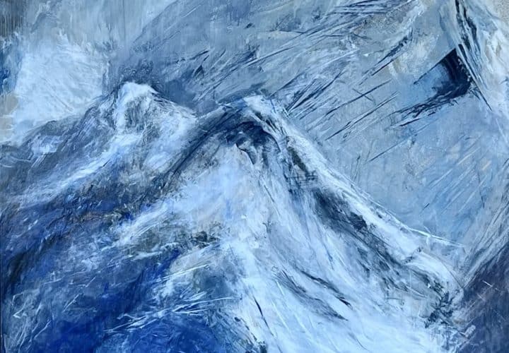Abstract mountain landscape on brushed aluminum panel, center of the Celestial Drift triptych, featuring luminous sky, layered light, and atmospheric movement above a dark grounded horizon.