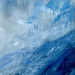 Right side panel of triptych painting Celestial Drift depicting an ethereal mountain landscape with luminous sky and layered, atmospheric light.