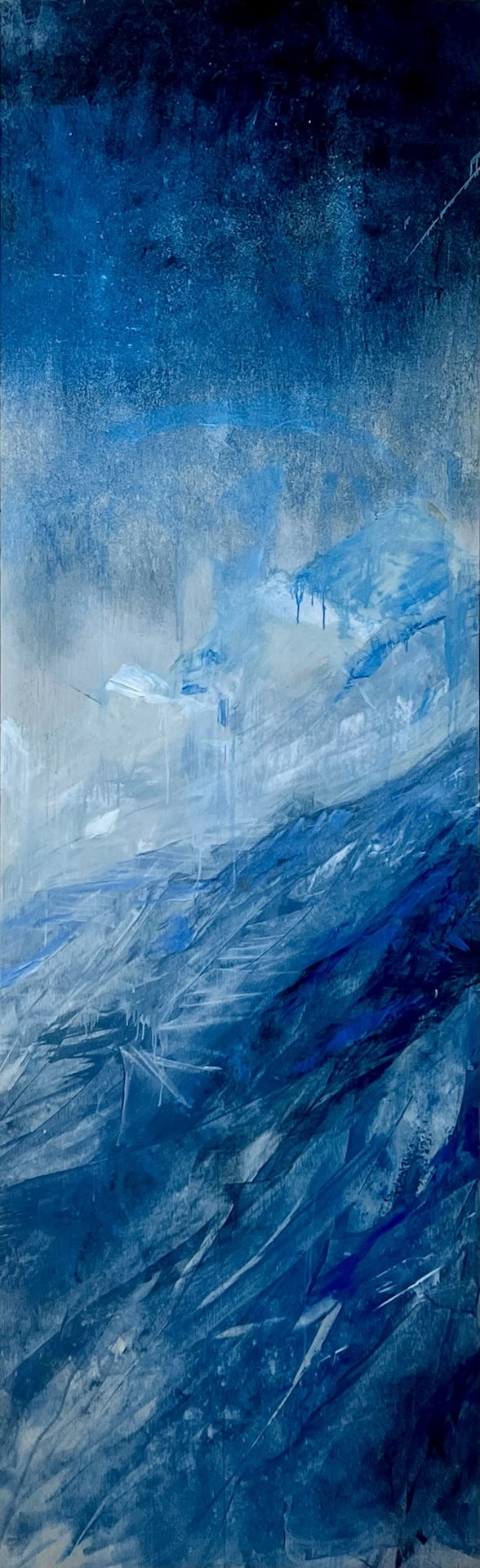 Right side panel of triptych painting Celestial Drift depicting an ethereal mountain landscape with luminous sky and layered, atmospheric light.