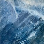 Left panel of triptych painting Celestial Drift depicting a majestic mountain landscape with abstract sky and layered, atmospheric light.