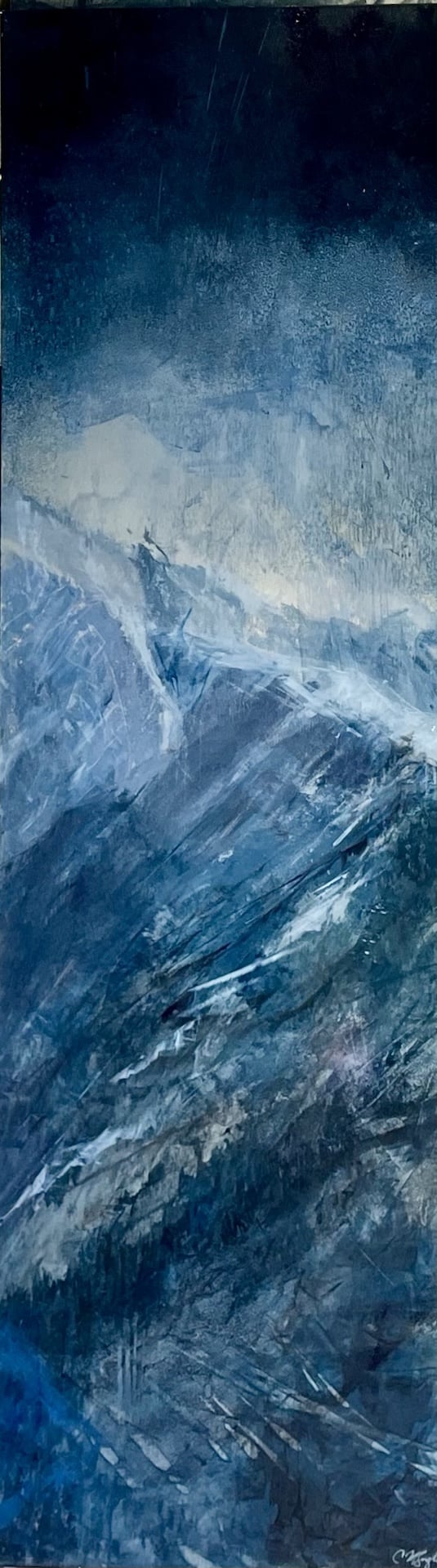 Left panel of triptych painting Celestial Drift depicting a majestic mountain landscape with abstract sky and layered, atmospheric light.