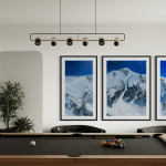 Triptych Landscape oil painting of the iconic Pipeline chute in Utah's Wasatch Mountains, featuring a steep, dramatic ski line beneath an expansive, glowing sky rendered in expressive, layerd tones of deep blue set in a billiard room.