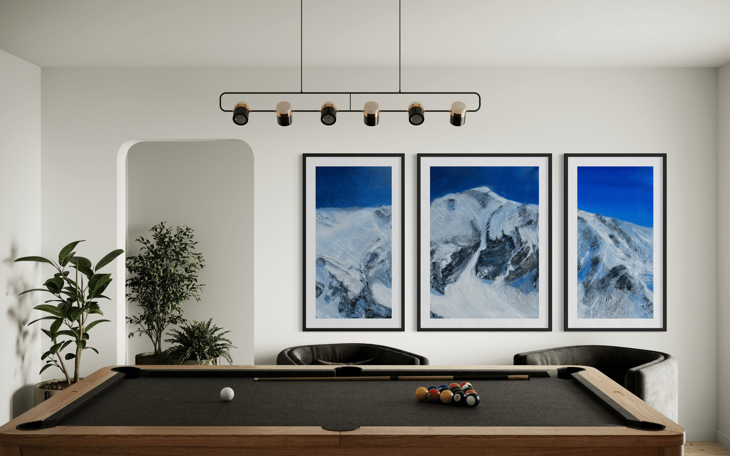 Triptych Landscape oil painting of the iconic Pipeline chute in Utah's Wasatch Mountains, featuring a steep, dramatic ski line beneath an expansive, glowing sky rendered in expressive, layerd tones of deep blue set in a billiard room.
