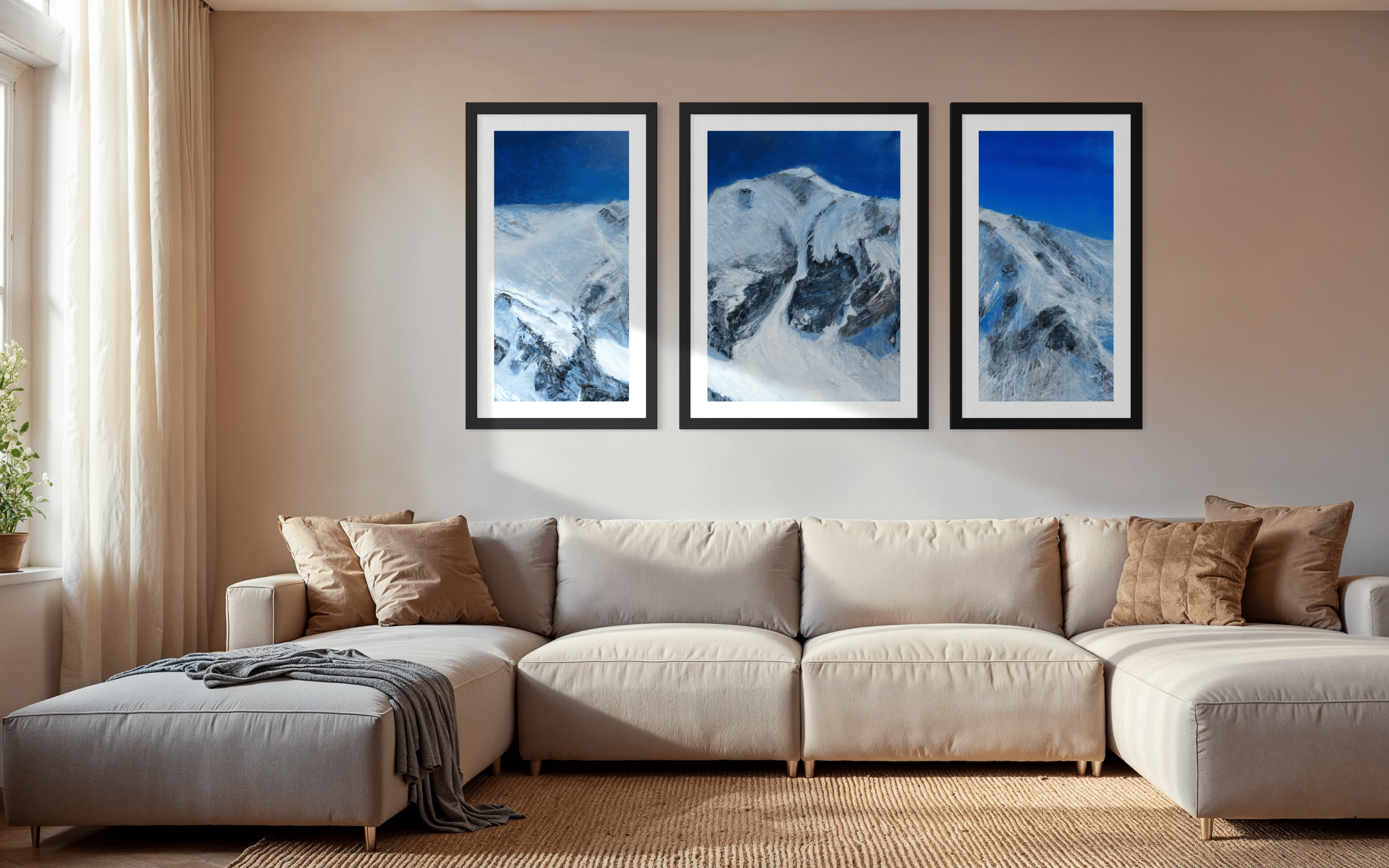 Triptych Landscape oil painting of the iconic Pipeline chute in Utah's Wasatch Mountains, featuring a steep, dramatic ski line beneath an expansive, glowing sky rendered in expressive, layerd tones of deep blue,set in a modern family room.