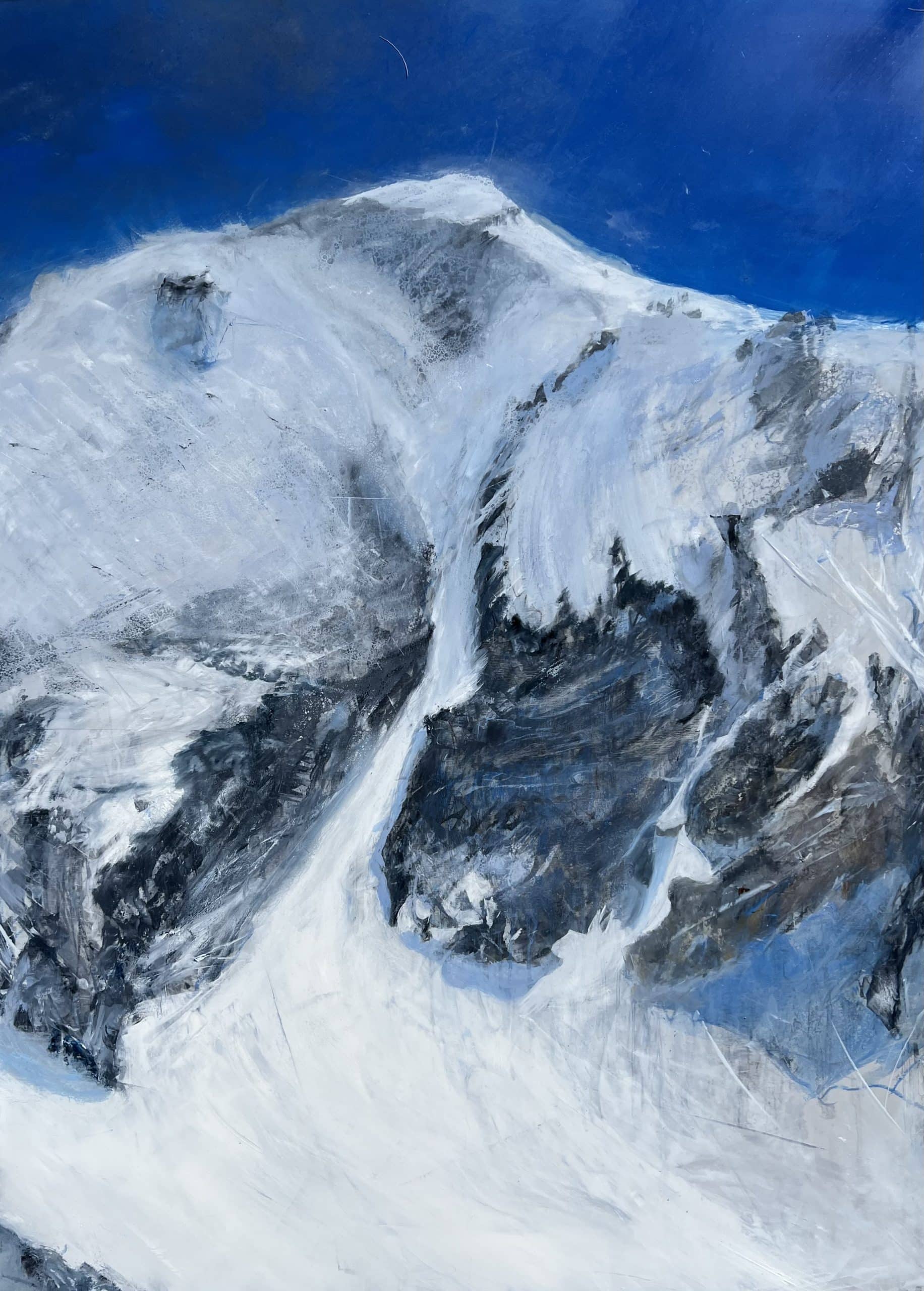 Center Panel of a Triptych Landscape oil painting of the iconic Pipeline chute in Utah's Wasatch Mountains, featuring a steep, dramatic ski line beneath an expansive, glowing sky rendered in expressive, layerd tones of deep blue.