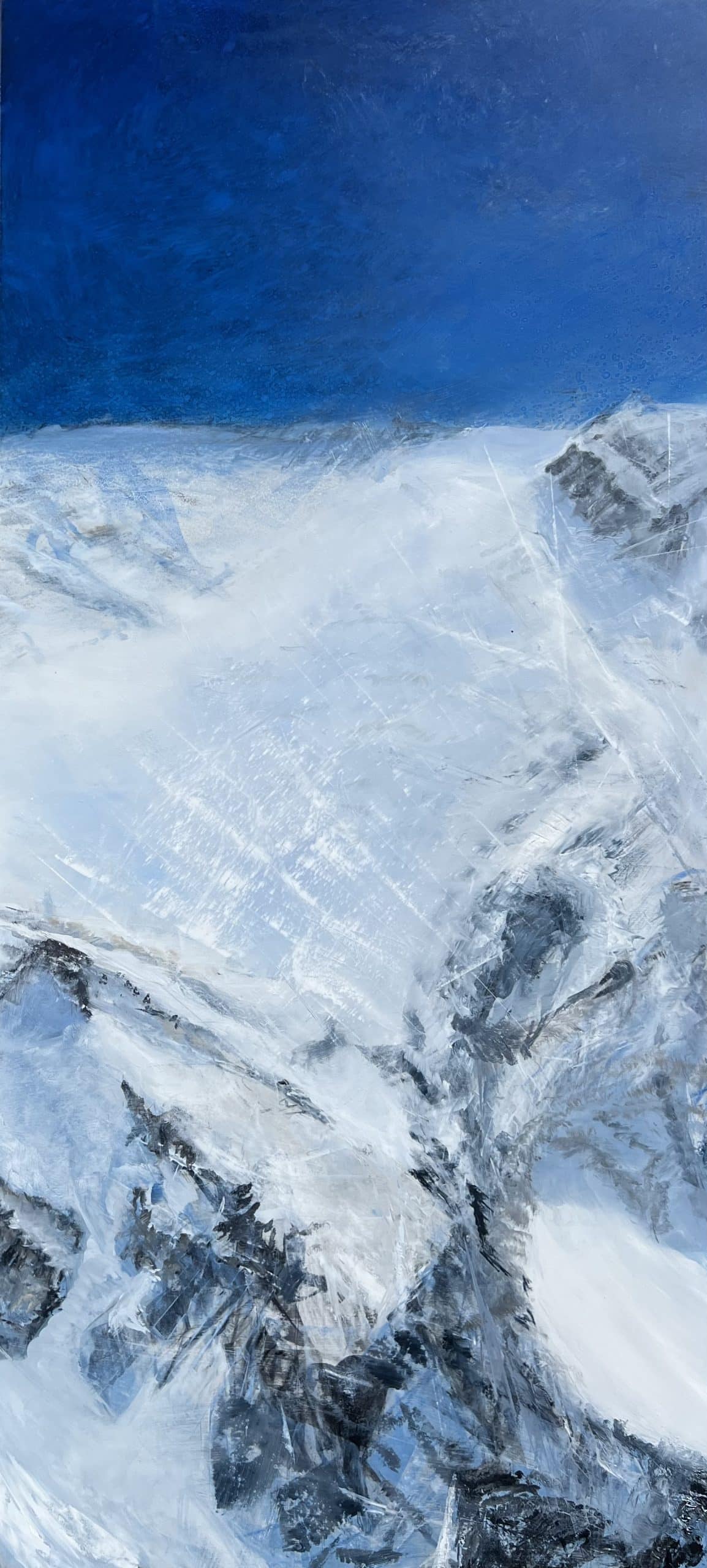 Left side panel of a Triptych landscape oil painting of the iconic Pipeline chute in Utah's Wasatch Mountains, featuring a steep, dramatic ski line beneath an expansive, glowing sky rendered in expressive, layerd tones of deep blue.