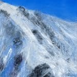 Right side panel of a Triptych Landscape oil painting of the iconic Pipeline chute in Utah's Wasatch Mountains, featuring a steep, dramatic ski line beneath an expansive, glowing sky rendered in expressive, layerd tones of deep blue.