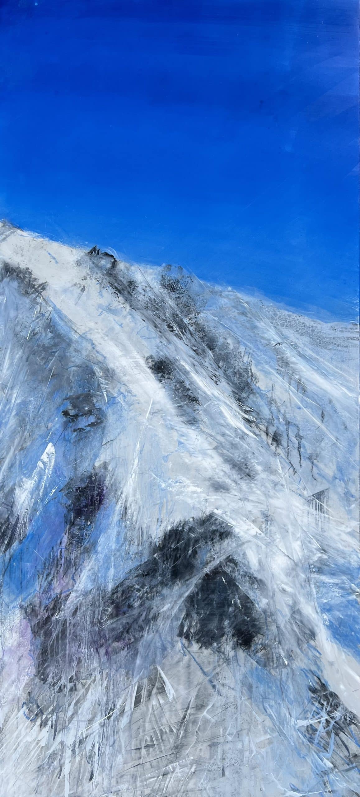 Right side panel of a Triptych Landscape oil painting of the iconic Pipeline chute in Utah's Wasatch Mountains, featuring a steep, dramatic ski line beneath an expansive, glowing sky rendered in expressive, layerd tones of deep blue.