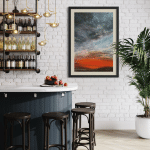 Abstract atmospheric landscape painting with a dramatic indigo and lavender sky swirling above a glowing horizon of crimson, ember orange and deep, dark earth tones. Layers of sweeping brushwork and luminous texture evoke the feeling of storm light breaking over a distant landscape, creating a sense of movement, mystery, and emotional intensity.