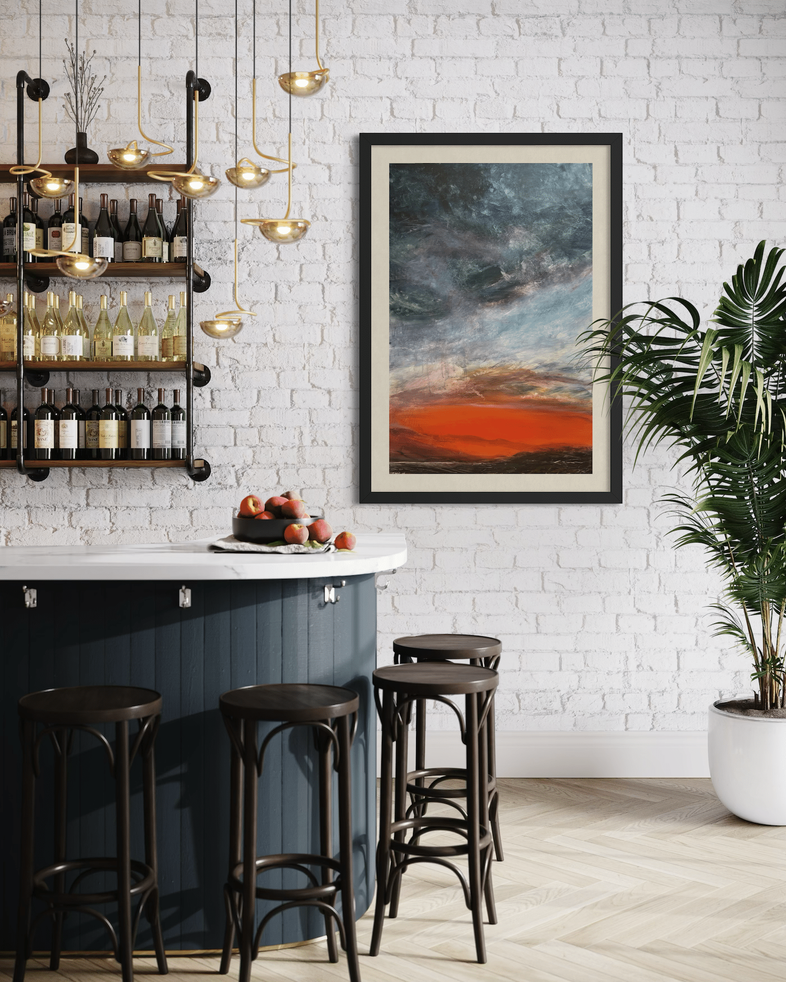 Abstract atmospheric landscape painting with a dramatic indigo and lavender sky swirling above a glowing horizon of crimson, ember orange and deep, dark earth tones. Layers of sweeping brushwork and luminous texture evoke the feeling of storm light breaking over a distant landscape, creating a sense of movement, mystery, and emotional intensity.