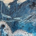 Abstract oil painting in deep blue and teal with sweeping pale forms, layered marks and textured passages suggesting water, weather and movement.