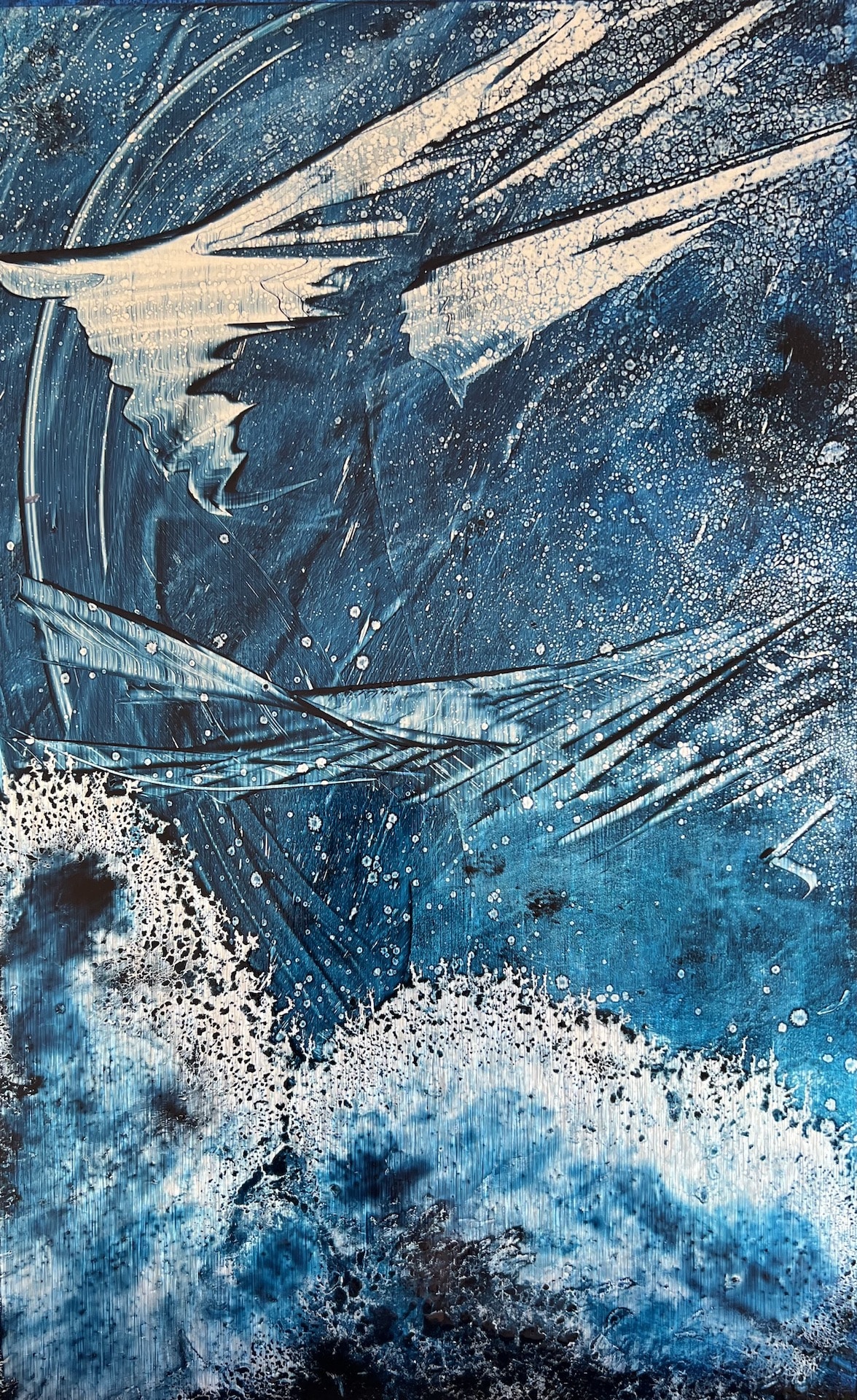 Abstract oil painting in deep blue and teal with sweeping pale forms, layered marks and textured passages suggesting water, weather and movement.
