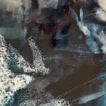 Layered abstract painting in teal, blue, black and white with scraped passages and textured forms suggesting water, rock and an ambiguous atmospheric landscape.