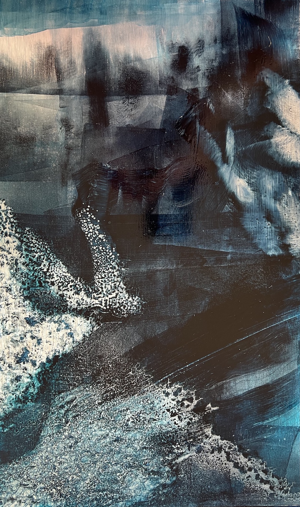 Layered abstract painting in teal, blue, black and white with scraped passages and textured forms suggesting water, rock and an ambiguous atmospheric landscape.