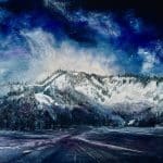Solitude by Cynthia McLoughlin, contemporary winter landscape painting of snow-covered Utah mountains beneath a dramatic deep blue sky.